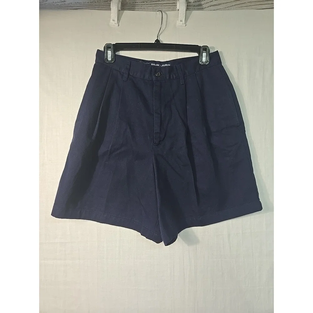 VTG Ralph Lauren Polo Sport Women's Chino Shorts 8 Pleated Front High Waist Navy